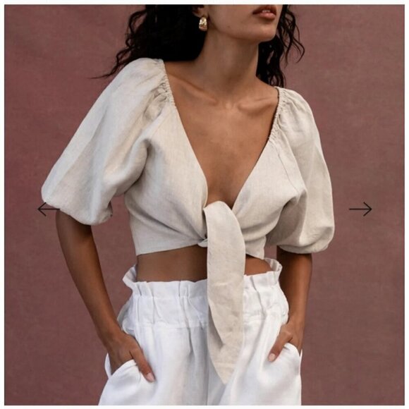 POSEE Mia 100% Linen Tie front women Top Size XS Plunge Puff Sleeve Lagenlook - Picture 8 of 9